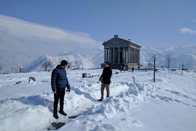 Multi-Day Winter Sightseeing Tour in Armenia - Day 1 route: Garni Temple, Geghard, Tsaghkadzor, and Sevanavank in winter